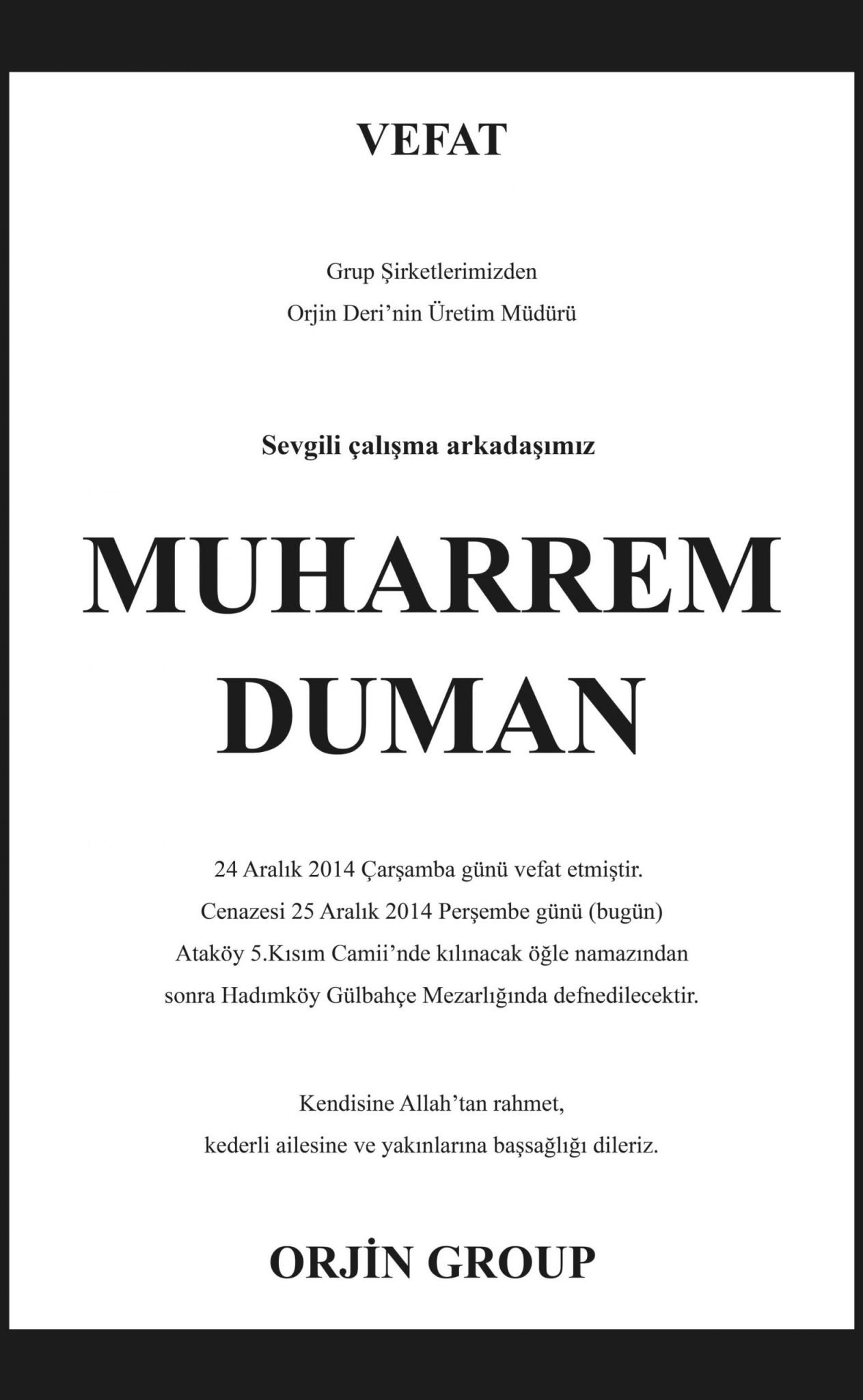 Cumhuriyet tam sayfa vefat ilan